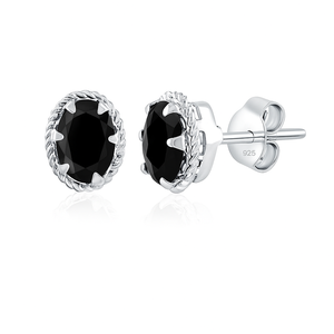 Rhaya Jewels Women's Black Onyx Oval Stud <b>Earrings</b> <b>Rhodium</b> Plated Sterling Silver Engagement & Wedding Romantic Classic Design - Product Image 4