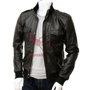 Chaqueta bomber de cuero negro para hombre: Prendas de Vestir exteriores elegantes y ajustadas elaboradas con chaqueta de cuero de oveja de alta calidad - Product Image 1