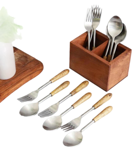 Modern Stainless Steel and Brown Wood Flatware Set with Mirror Polish Essential Dining Pieces for Dishwasher Safe Use - Product Image 1