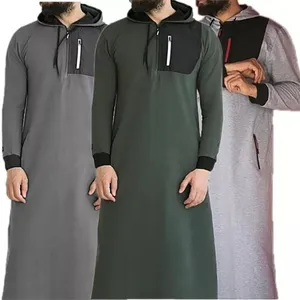 Brust Reiß verschluss Patch benutzer definierte Kapuze Männer Robe Herren Saudi Arabian Design Long Thobe Kleidung Muslim Männer lange Länge Kurta/Thobe
