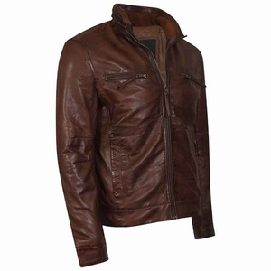 Wholesale Men's <b>Genuine</b> <b>Leather</b> <b>Jacket</b> with Stand Collar Front Logo Waterproof & Breathable High Street Style Zipper Closure - Product Image 4