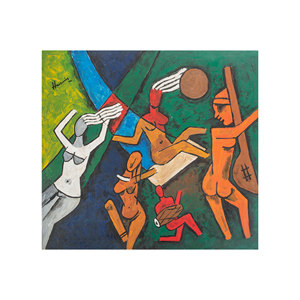 Tapisserie murale en toile verte à motif abstrait moderne et tapis Jaipur, design contemporain américain par un peintre américain - Product Image 1