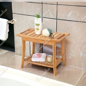 Tabouret et banc de douche en bambou avec étagère de rangement Sièges de bain pour adultes Seniors Femmes Personnes âgées Console d'incrustation d'os - Product Image 4