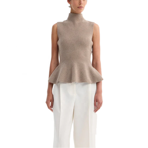 เสื้อกล้ามถักไหมพรมผสมแคชเมียร์ขนแกะเมอริโนทรงเปปลัมคอสูงแบบลำลองสำหรับผู้หญิง  ด้านหน้าสั้น  ตกแต่งโลโก้  รักษ์โลก - Product Image 3