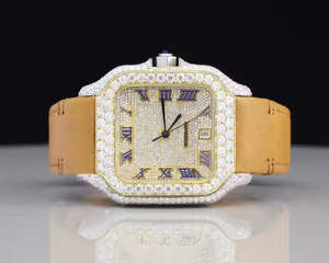 Reloj de Pulsera de Cuero Cuadrado Elegante Unisex, Miyota Analógico, Cristal, Completamente Adornado con Moissanita VVS, Estilo Hip Hop, Números Romanos, Cuarzo - Product Image 1