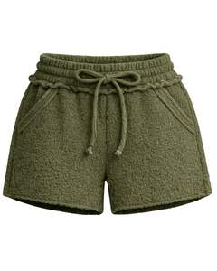Pantalones Cortos de Sherpa Verde Oliva para Mujer, Cómodos, Suaves, de Felpa, para Estar en Casa, con Cintura Elástica y Cordón, Casuales, para Invierno - Product Image 1