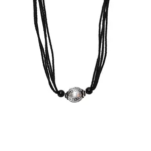 Women's Black Beaded Silver Pendant Necklace Diamond Pearl Onyx <b>Minimalist</b> <b>Jewelry</b> for Engagement Party Anniversary Link - Product Image 1