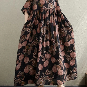 2025 nuevo verano algodón Vintage Casual suelto estampado Vestidos para mujeres Vestido de manga corta ropa larga - Product Image 1