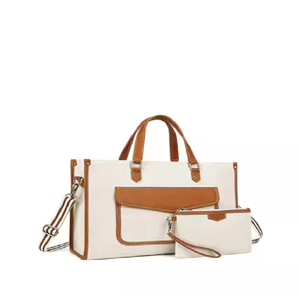 Two-tone canvas work <b>tote</b> with front <b>pocket</b> and matching wristlet set. Available at wholesale prices. - Product Image 4