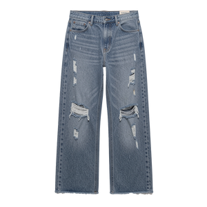 Jean large déchiré imperméable brodé pour homme, coupe ample, ourlet brut, style streetwear, denim délavé vintage, coton épais, décontracté - Product Image 1