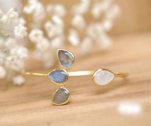 HARI OM CREATIONS Absolute Good Labradorite <b>Rose</b> <b>Quartz</b> 6x9mm Pyramid Shape Bezel Setting Stone 925 Silver Sterling Bangle - Product Image 1