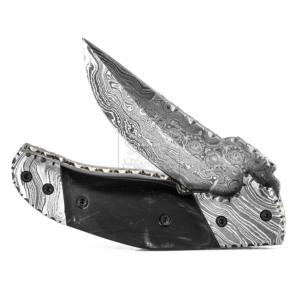 มีดพับเหล็กดามัสกัสแบบแฮนด์เมดมีดพกพกพาสแตนเลสสำหรับการล่าสัตว์และตั้งแคมป์กลางแจ้งพร้อมด้ามจับฮอร์นเหมือนดาบ - Product Image 5