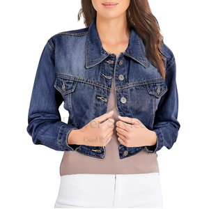 Chaqueta vaquera recortada para mujer con lavado ácido azul marino, estilos de jugador personalizables, botones acolchados, transpirable, piel de oveja, algodón, Invierno - Product Image 4