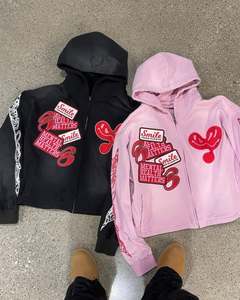 Sweat à capuche pour hommes surdimensionné en coton 3D brodé personnalisé vintage avec fermeture éclair et strass pour l'hiver - Product Image 5