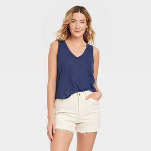 Canotta da Donna Blu Navy in Lino, Taglia XL Universale, Stile Casual Basico, Colletto con Fiocco, Decorazione in Pizzo, Tessuto Traspirante, Personalizzabile - Product Image 1