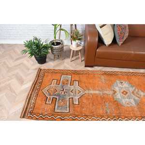 Tapis turc vintage 2,9x10,6 pieds, tapis en laine à motifs floraux orange et gris - Product Image 2