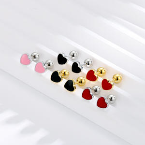 LE117 925纯银时尚简约黑色爱心心形珠子小耳钉女性青少年穿孔饰品 - Product Image 3