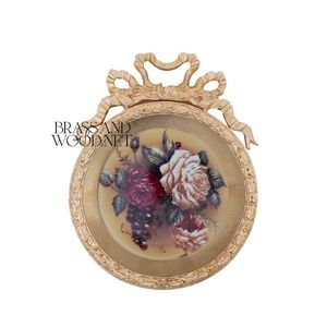 Elegant golden brass vintage <b>decorative</b> wall hanging round frame with floral artwork ornate <b>ribbon</b> design home <b>decor</b> - Product Image 1