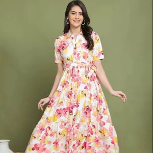 เดรสผ้าฝ้ายพิมพ์ลายดอกไม้สไตล์อินเดียชุดลำลองใหม่สำหรับงานแต่งงานงานทอมือเป็นมิตรต่อสิ่งแวดล้อม - Product Image 1