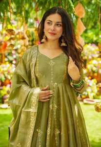 Ensemble Salwar Kameez pour femmes, élégant et moderne, entièrement brodé, prêt à porter, réversible, haut de fête, en soie croquante - Product Image 4