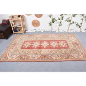 พรมตุรกีขนาดใหญ่ 5.2x8.4 ฟุต พรมวินเทจ พรมลายตารางสีเบจทำจากขนสัตว์ - Product Image 2