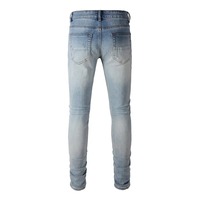 Jeans décontractés pour homme avec logo personnalisé, style moto déchiré, bleu uni, mode streetwear, patchwork, effet délavé, coupe droite