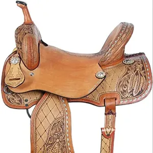 Atacadista indiano 100% Handmade Western Leather Barrel Saddle Craving para Equitação Portátil com Alta Qualidade