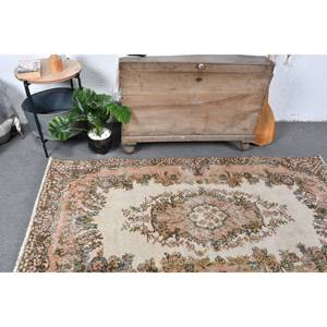 Vintage 3.8 X 7ft Beige Brown Wool <b>Rug</b> Handmade Turkish Classic Style with Patchwork Design Latex Backing for <b>Bedside</b> Use - Product Image 2