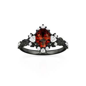 แหวนแฟชั่นรูปใบไม้กอธิคเจลูเลียประดับหินสามเม็ดทรงรีสีแดง - Product Image 3