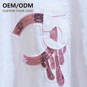 OEM venta al por mayor lentejuelas camiseta personalizada lentejuelas brillante logo bordado parche 100% algodón alta calidad 3D bordado mujer camiseta - Product Image 2