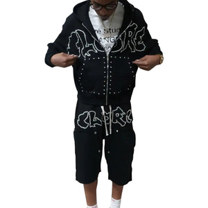 Ensemble de sweat à capuche tricoté imprimé pour homme survêtement personnalisé en strass pour homme survêtement en polaire technique ensemble sweat à capuche et short - Product Image 1