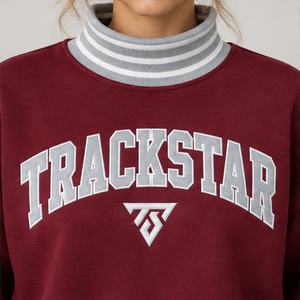Women's Burgundy Mock Neck <b>Sweatshirt</b> with <b>White</b> Striped Trim Varsity Letters Long Trackstar OEM Private Label - Product Image 5
