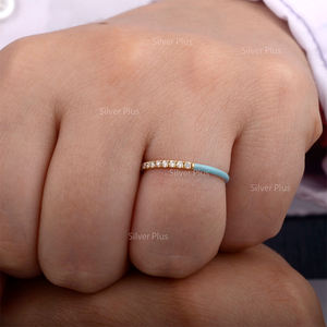 Haute qualité 18K or jaune massif demi émail turquoise et demi pavé diamant éternité bande Cocktail bague productible In10K/14K - Product Image 5