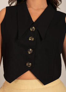 Black Solid Relaxed Western <b>Top</b> With Closer 4 Buttons Elegant <b>Women</b> Wholesale Summer Clothes <b>Tops</b> Pure Cotton Short Sleeve <b>Top</b> - Product Image 4