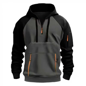 Men's Boxy Casual Pullover <b>Jacket</b> Autumn Winter Solid Hood Custom Printed Customizable Multi-Pocket Color-Blocking Fleece - Product Image 4