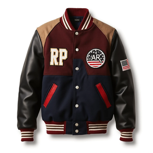 แจ็คเก็ตบอมเบอร์สไตล์วาร์ซิตี้ แขนหนัง ผลิตจากโรงงานโดยตรง รับผลิตตามแบบ OEM สไตล์เรโทร สำหรับนักเรียน/นักศึกษา กันน้ำ กันลม เหมาะสำหรับขี่มอเตอร์ไซค์ - Product Image 3