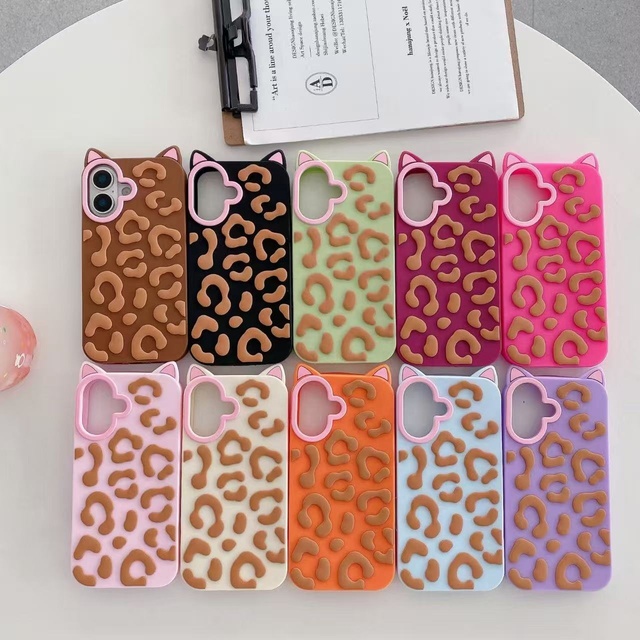Protection Phone Leopard Print Cute Cartoon Cat Ears 3D Silicone Shock-Proof Cases for iphone 17 16 15 Pro Max Wholesale Custom