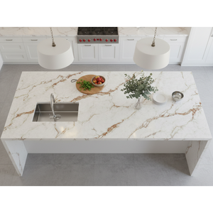 Oem 2025 tay bền đánh bóng sang trọng vàng tĩnh mạch 3D in trắng đá thạch anh tấm khách sạn hiện đại phòng tắm Vanity Tops - Product Image 5