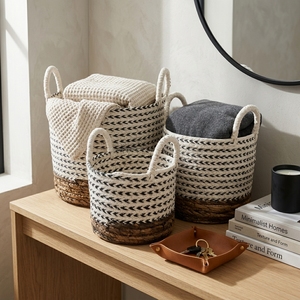 Natural Banana Bark Recycled <b>Plastic</b> Storage <b>Basket</b> Set Black White Arrow Natural Bottom Arch Handle Pot Setup Decor Pure Art - Product Image 4