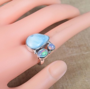 Natural Blue <b>Larimar</b> 925 Sterling Silver Multi Gemstone Ring with Natural Opal Handmade <b>Jewelry</b> Gift For Christmas - Product Image 4
