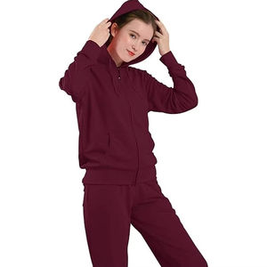 Pantalon de survêtement à capuche zippé en molleton de coton décontracté pour femmes survêtements tricotés deux pièces solides avec logo avant imprimé pour l'automne - Product Image 2