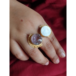 Bague Cocktail Double Pierre Ajustable Plaqué Or Améthyste Nacre Double Pierres Précieuses Bijoux de Déclaration - Product Image 2