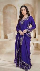 ชุดปาร์ตี้ผ้าไหมไชน็อนชุดปาเลสโซปักลายและโมติเสื้อใส่ทำงานหนักด้วย Palazzo & Moti และสี่ด้านลูกไม้ dupatta - Product Image 3