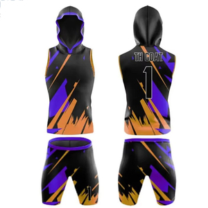 Ensemble short et maillot de basket personnalisé imprimé par transfert thermique pour homme, avec débardeur à capuche sans manches, anti-humidité et extensible dans les quatre sens - Product Image 1