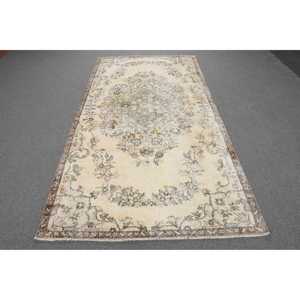 Vintage Turkish Rug, 4.4x8.5 ft Area Rug, White <b>Brown</b> Striped Rug - Product Image 1