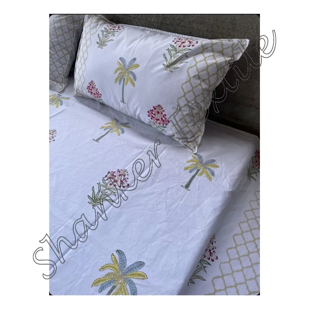 Colcha de algodón de percal con estampado de bloques, India sábana hecha a mano, funda de cama, Sábana plana, Fabricante Mayorista