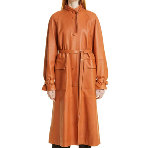 Manteau trench en cuir véritable pour femme, avec doublure en soie épaisse, fermeture éclair longue, col montant, coupe-vent, respirant, décontracté, pour l'hiver - Product Image 4