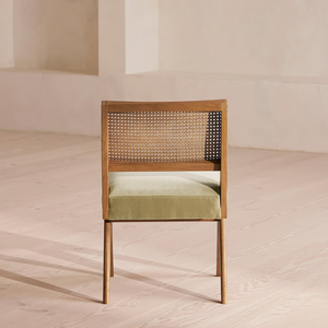 Silla de comedor de estilo escandinavo moderno para restaurante, silla de comedor para el hogar, marco de madera maciza con caña tejida, tela color crema - Product Image 5