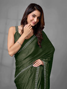 Trendmalls Mujer Mahendi K1086 Trabajo Saree Blusa sin costuras Pieza Satén Georgette Siroski Ropa india y pakistaní - Product Image 3