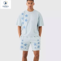 Ensemble T-shirt et short pour homme INDEX APPAREL, imprimé étoiles, col rond, coton tricoté, tenue décontractée d'été en 2 pièces